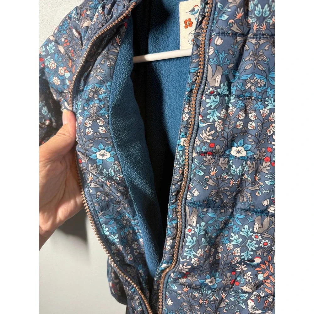 NEXT Girls Puffer Jacket 5/6 Blue Floral Bird Hedgehog Sherpa Lined Hood Zip